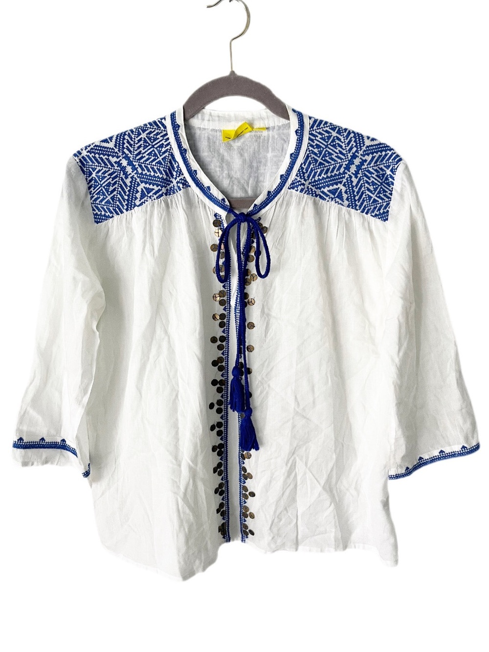 Roberta Roller Rabbit Embroidered Tassel Peasant Top Size XS White & Blue Resort
